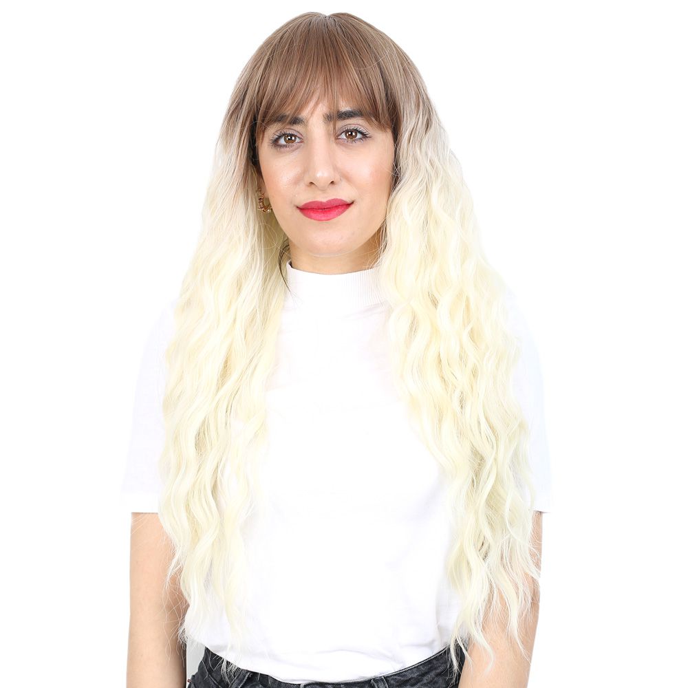 Kanekalon Fiber Synthetic Wig / Auburn / Platinum Ombré Long Water Wavy Look with Special Bangs