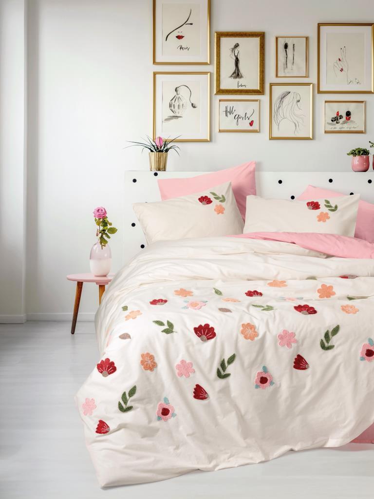 Puff Embroidered Ranforce Double Duvet Cover Blossom Salmon