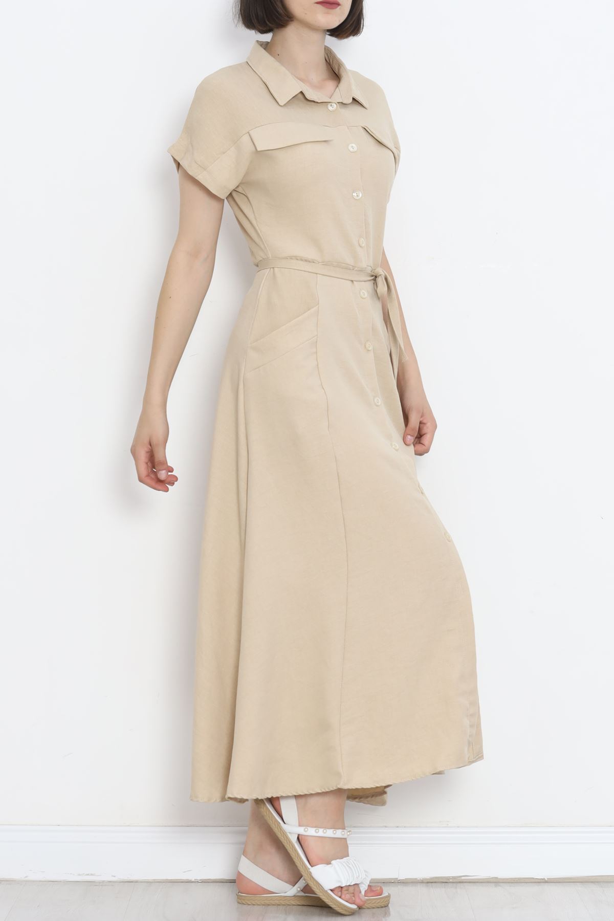 Pocket Detail Belted Dress Stone