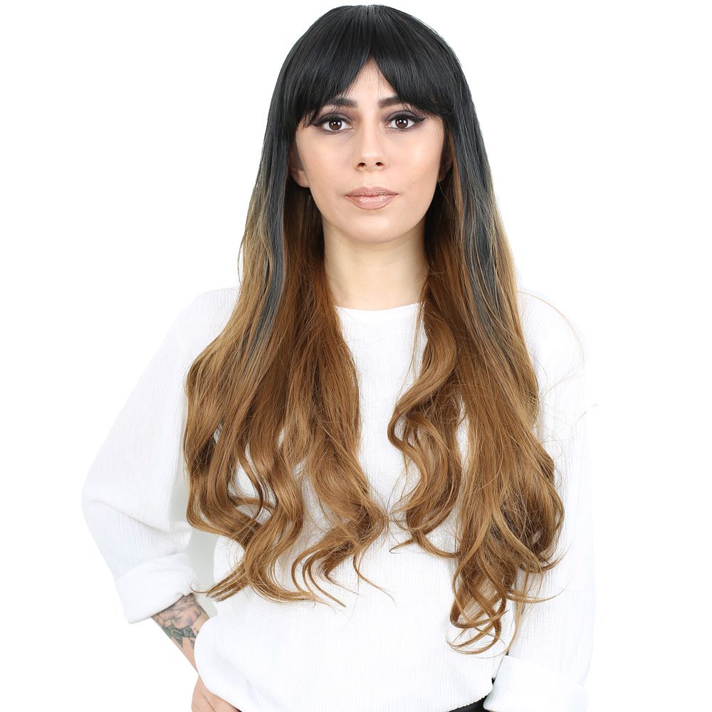 Long Wavy Kanekalon Fiber Synthetic Wig with Custom Bangs / Black / Caramel Ombré