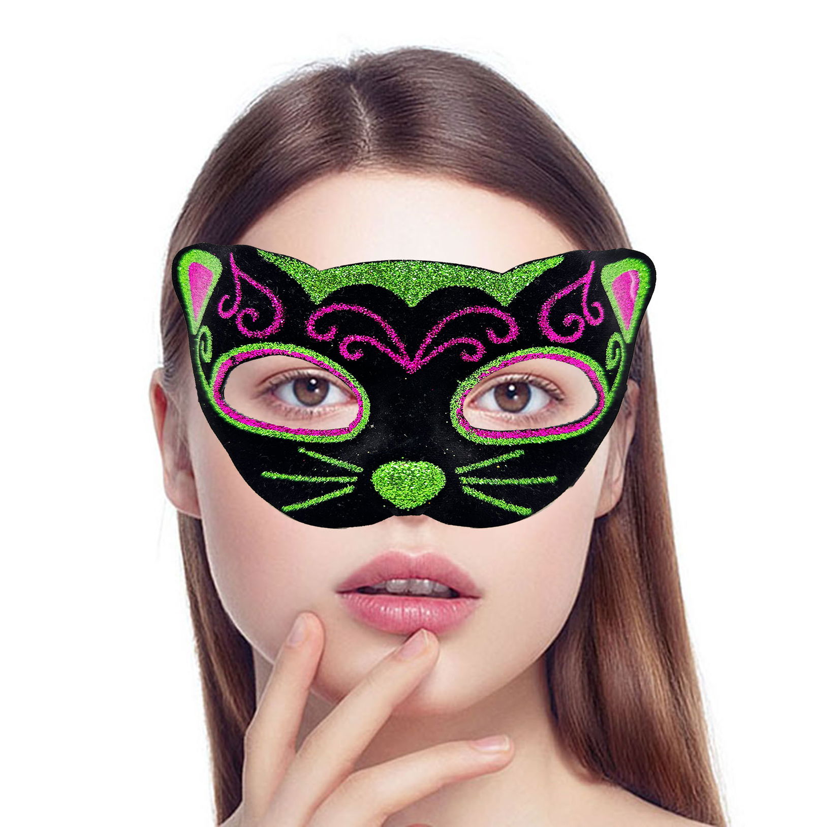 Pink Green Glitter Embroidered Cat Mask on Black Velvet Cover 20x13 cm