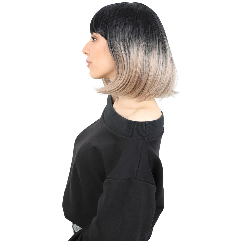 Kanekalon Fiber Synthetic Wig with Short Blunt Custom Bangs / Black / Ashy Baby Yellow Ombré