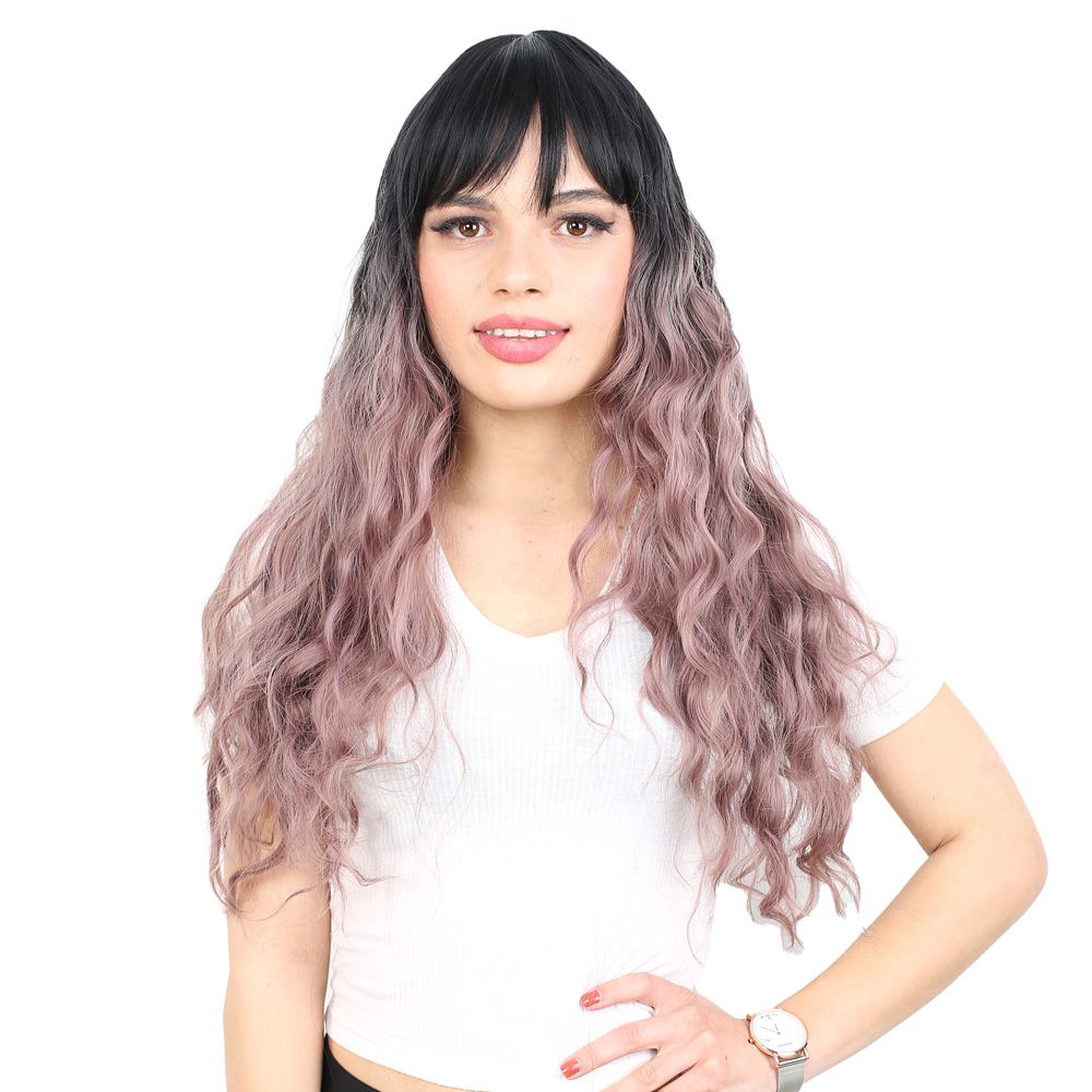 Kanekalon Fiber Synthetic Wig with Long Water Wavy Look with Special Bangs / Black / Rose Dried Ombré