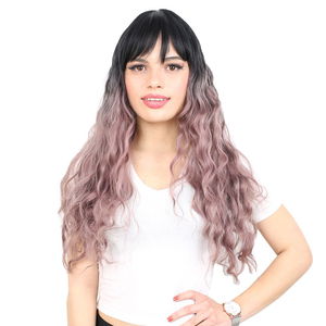 Kanekalon Fiber Synthetic Wig with Long Water Wavy Look with Special Bangs / Black / Rose Dried Ombré