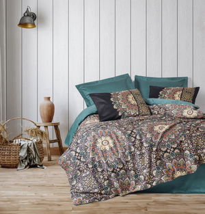 Double Satin Duvet Cover Set Ornate Petrol