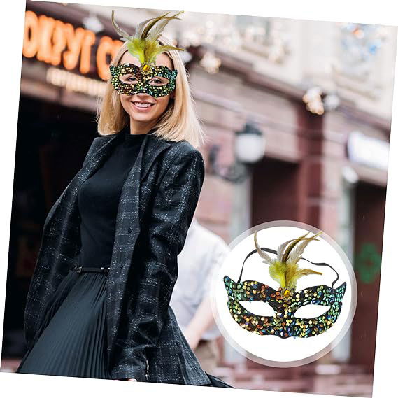 Black Velvet Party Mask with Colorful Sequins Sequins Yellow Feathers Yellow Stones 19x21 cm