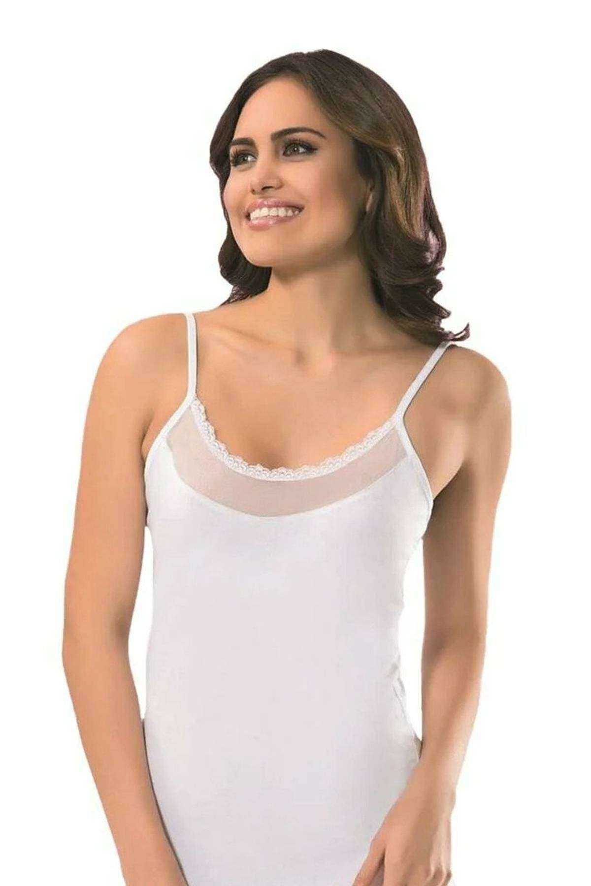 Women's Tulle Detailed White Tank Top with Straps 6220