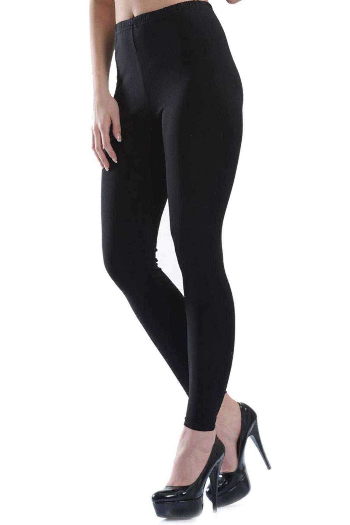 Women's Long Leg Folded Lycra Sports Plain Leggings Black 4000