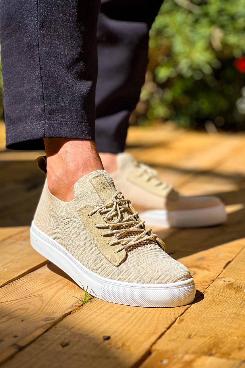 Beige Tricot High Sole Lace-up Casual Men's Shoes