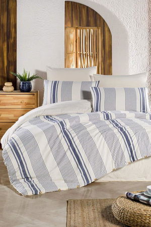 Organic Double Duvet Cover Set Line Navy Blue