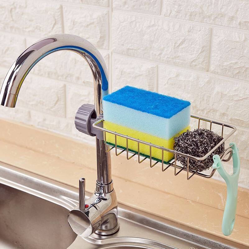 Single Tier Metal Wash Basin Shelf Organizer Fixed on Faucet With Hanging