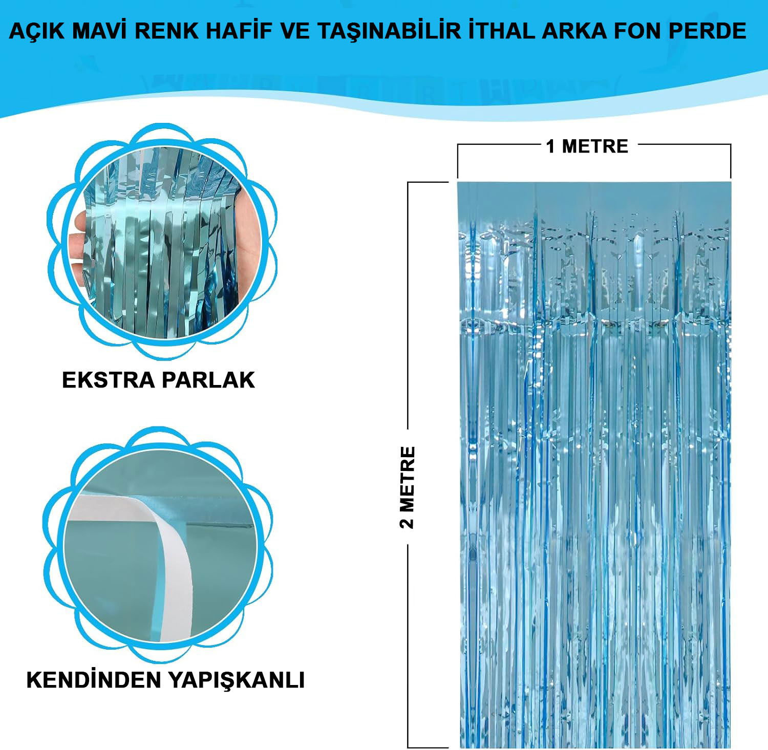 Light Blue Color Extra Metallized Shiny Fringed Backdrop Curtain Imported A Quality 1x2 Meters