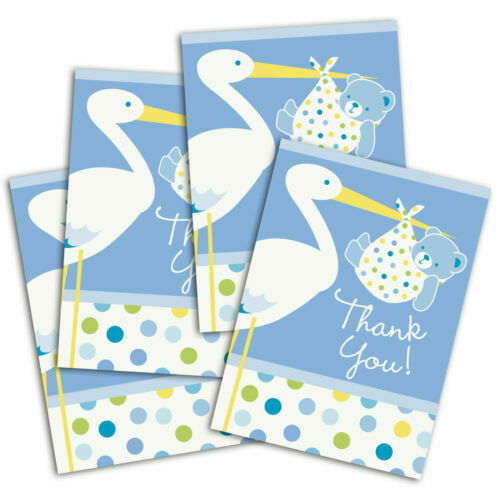 Blue Color Baby Stork Baby Shower Thank You Envelope and Note Set 8 Pieces