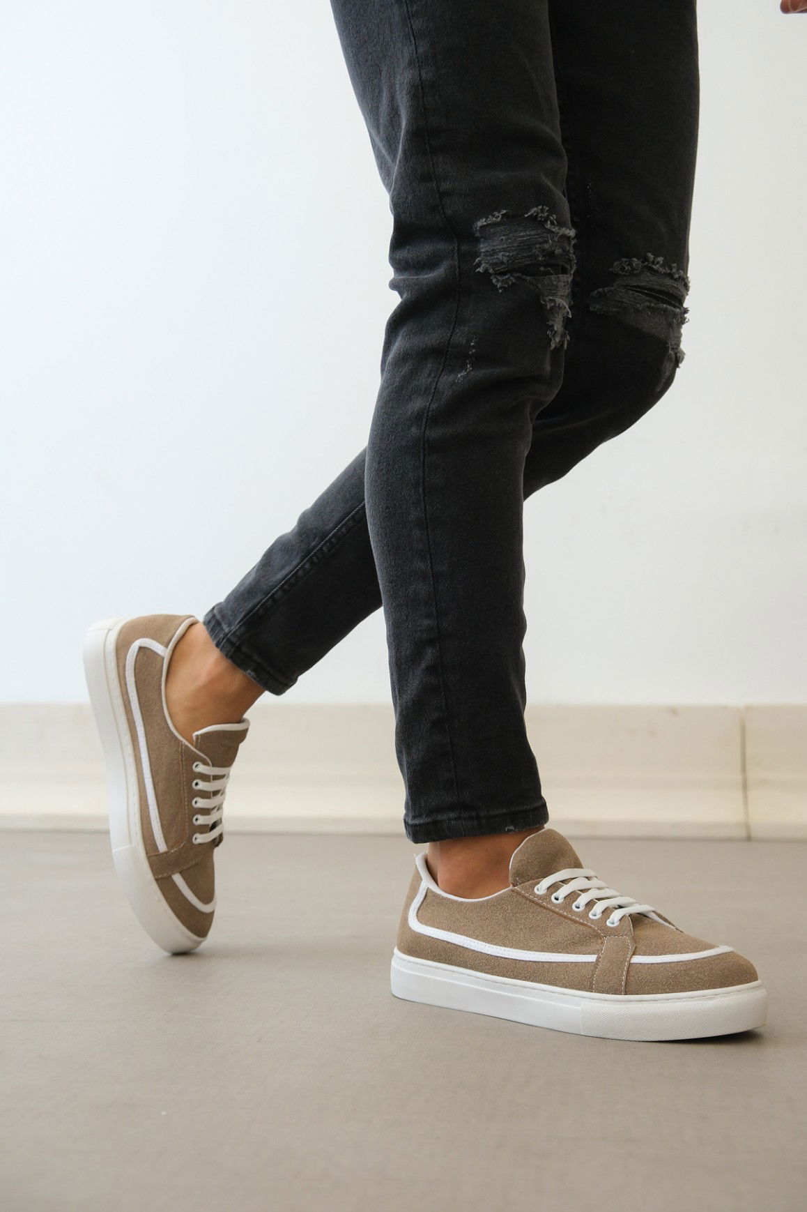 Lace-up Leather Dust Casual Mink Color Sneakers