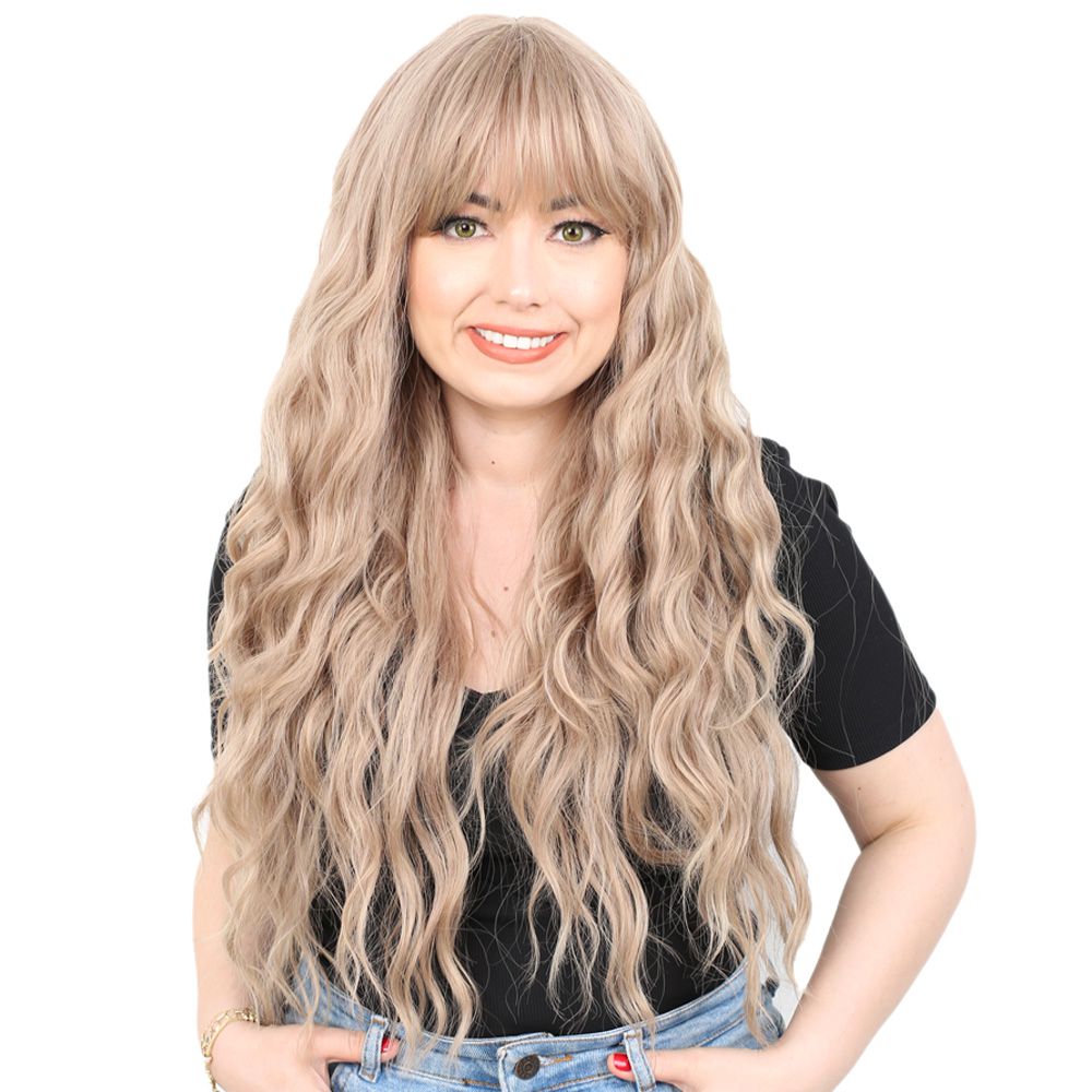 Long Water Wavy Look Kanekalon Fiber Synthetic Wig with Custom Bangs / Ashy Baby Yellow