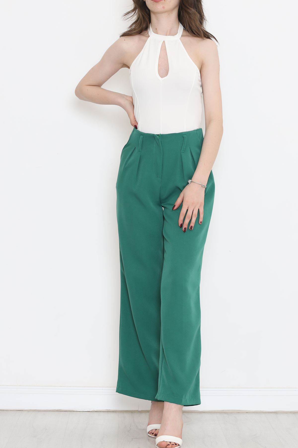 Palazzo Pants with Waist Cuffs Green