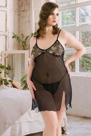 Women's Fancy Plus Size Tulle Nightgown Harness Erotic Outfit 5300 Black - Turk