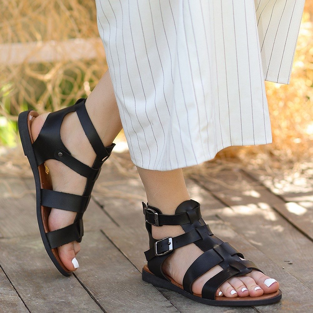 Black Leather Sandals with Black Sole