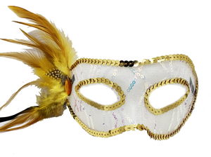 Gold Color Side Feather Sequin Embroidered Party Mask 23x12 cm