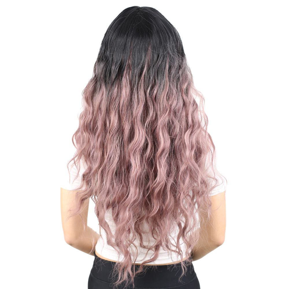 Kanekalon Fiber Synthetic Wig with Long Water Wavy Look with Special Bangs / Black / Rose Dried Ombré