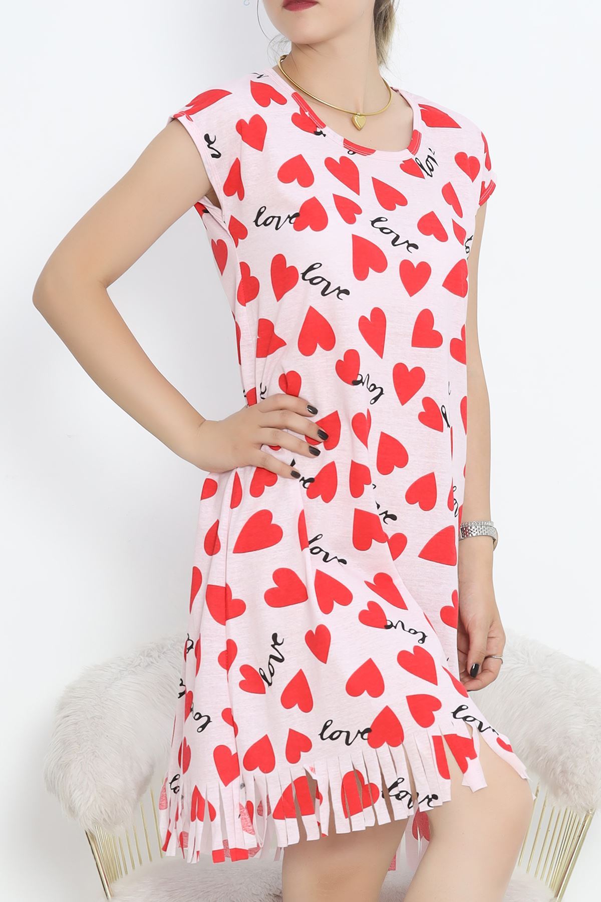 Printed Rotation Tasseled Dress PinkRed