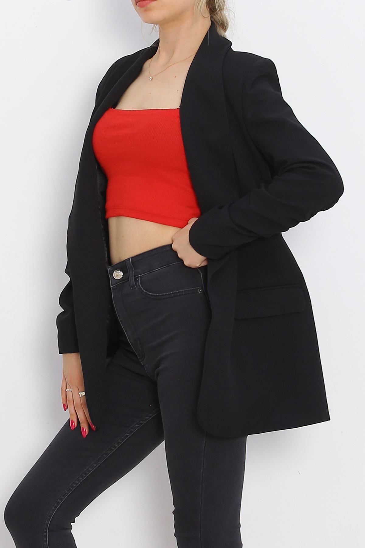 Sleeve Shirred Blazer Jacket Black