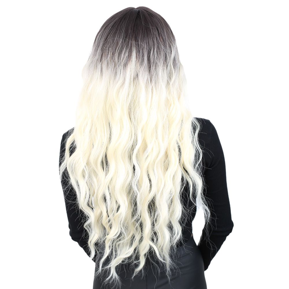 Kanekalon Fiber Synthetic Wig / Ashy Black / Platinum Ombré Long Water Wavy Look with Special Bangs