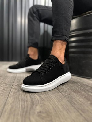 High Sole Casual Shoes Black Suede (White Sole)