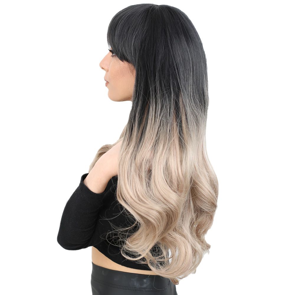 Long Wavy Kanekalon Fiber Synthetic Wig with Custom Bangs / Black / Ashy Baby Yellow Ombré