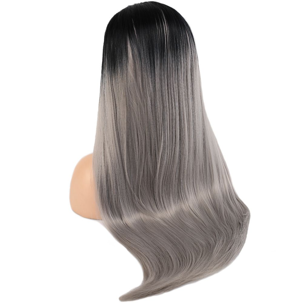 Kanekalon Fiber Synthetic Straight Long Tulle Wig / Black Gray Ombré