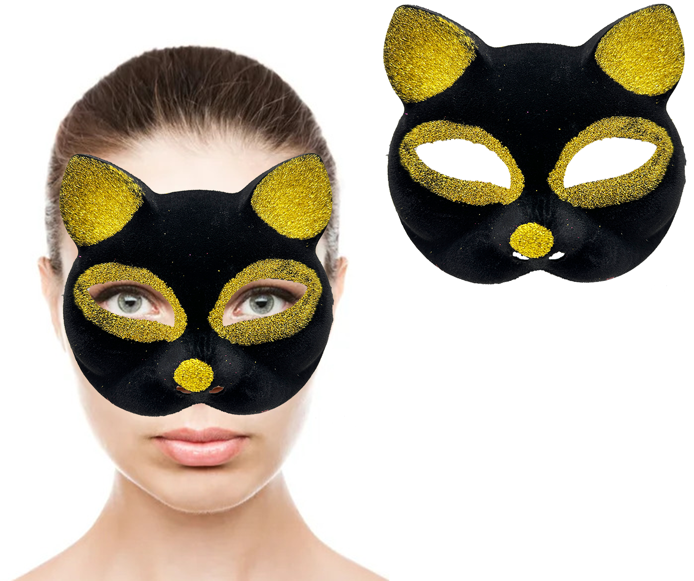 Black Color Gold Glitter Suede Coating Cat Mask 18x14 cm