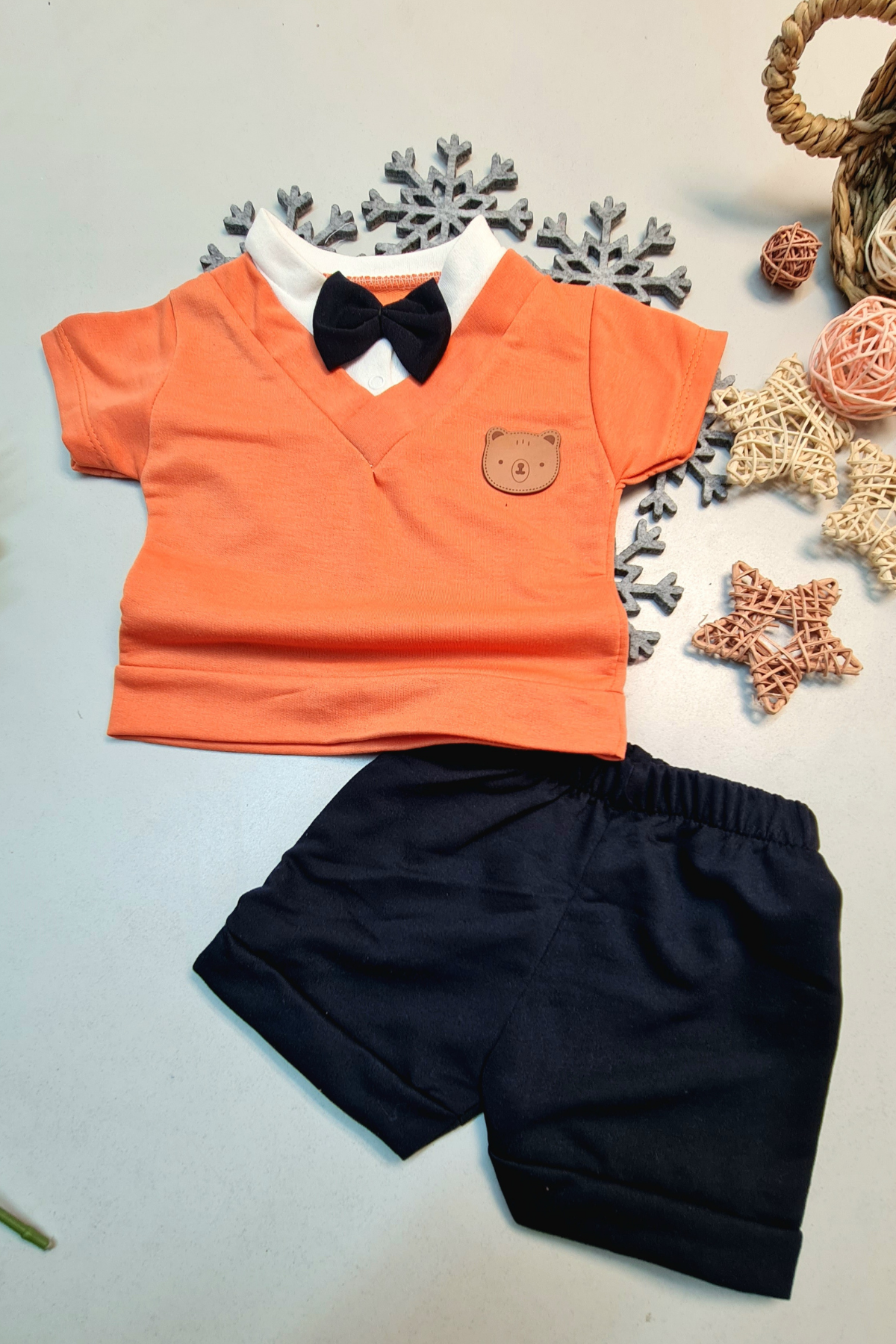 Baby Boy Bow Tie Short Sleeve Summer Fashionable Top and Bottom Suit Orange