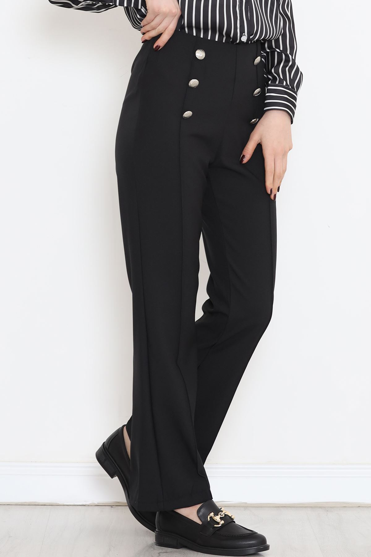 Chambray Button Detailed Trousers Black