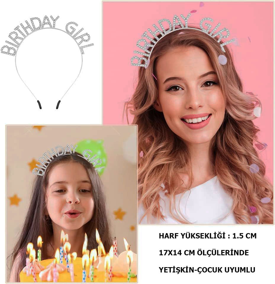 Silver Birthday Girl Birthday Party Crown with Crystal Stones 19x11 cm