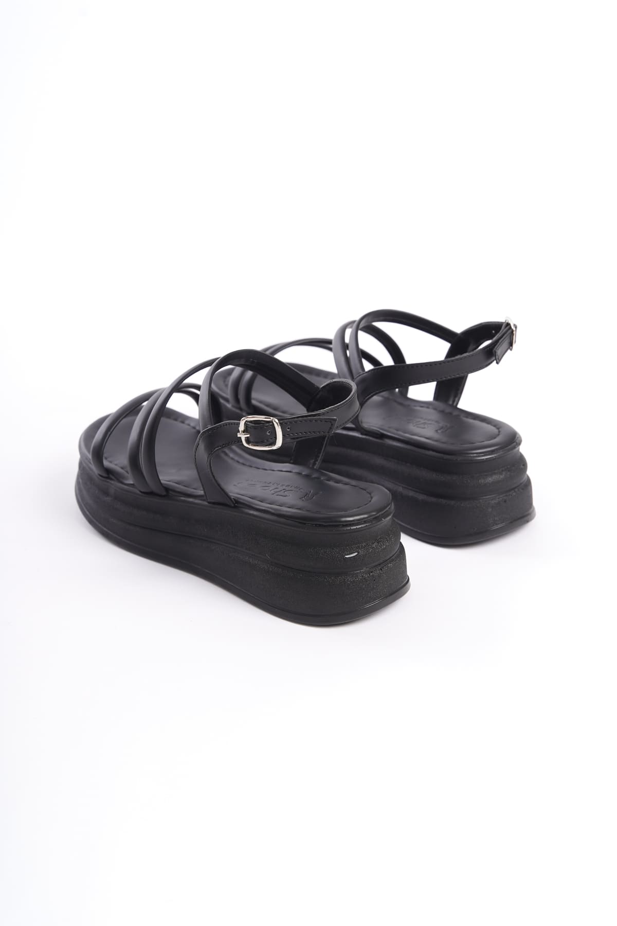 CLZ948 Women's Orthopedic Sole Sandals ST Black with Thin Buckle Stripe Detail