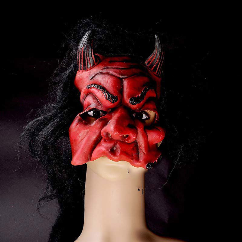 Latex Horror Mask Devil Horned Red Mask With Hair