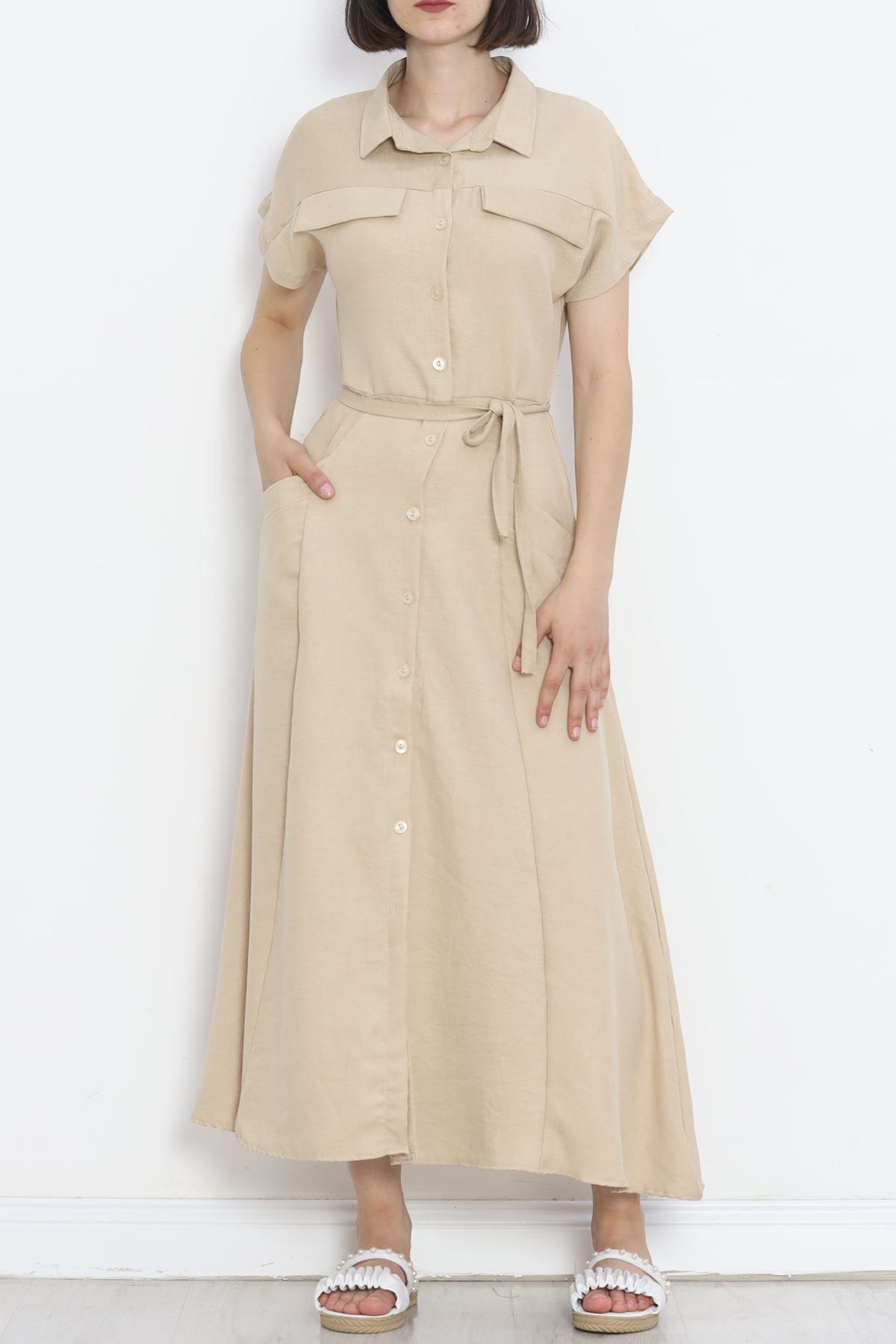 Pocket Detail Belted Dress Stone