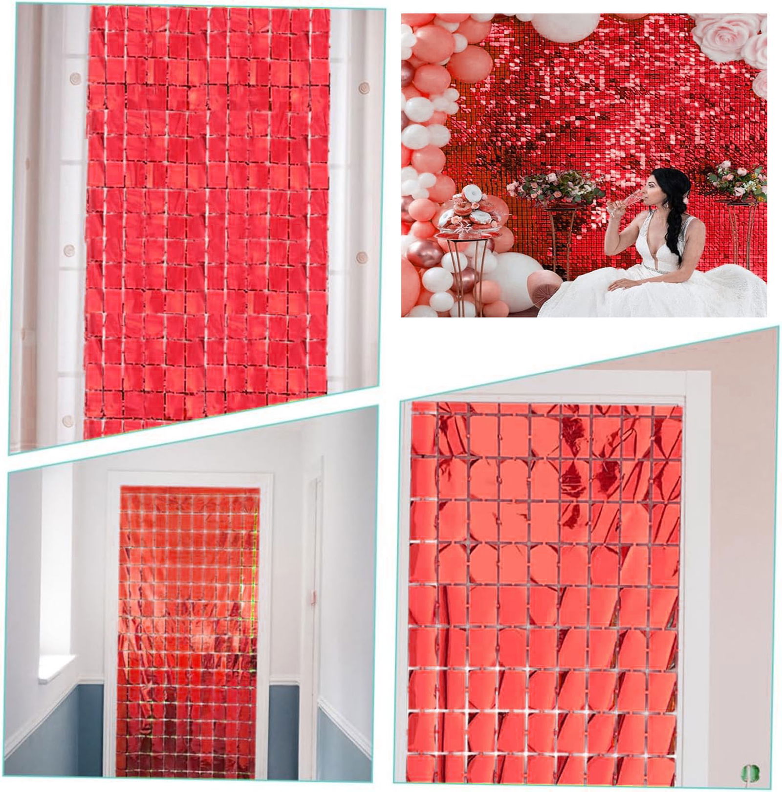 Extra Metallized Red Color Disco Rectangle Cut Door Curtain Decoration 1x2 Meter