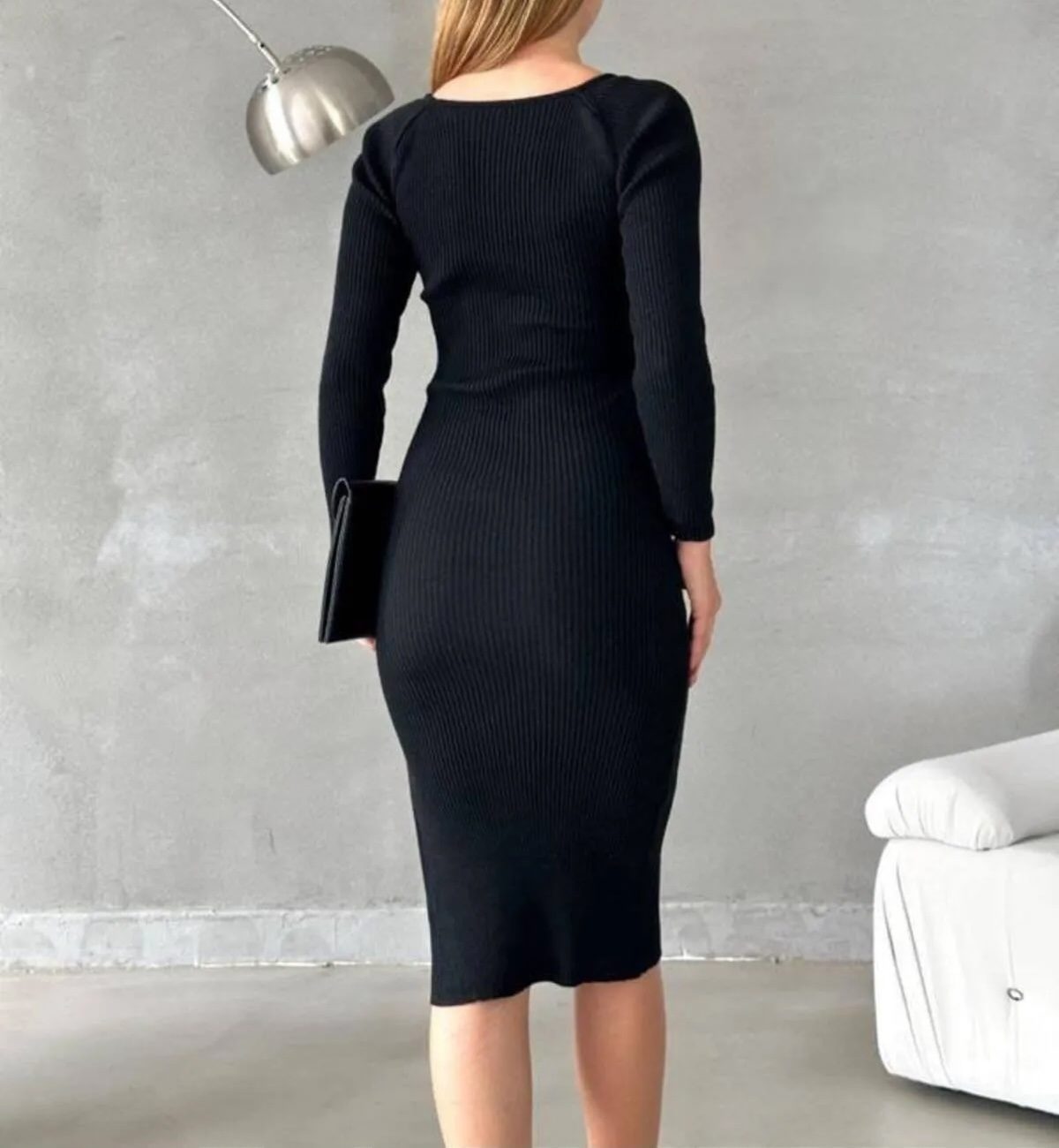 Black Long Sleeve Heart Neck Slit Knitwear Dress