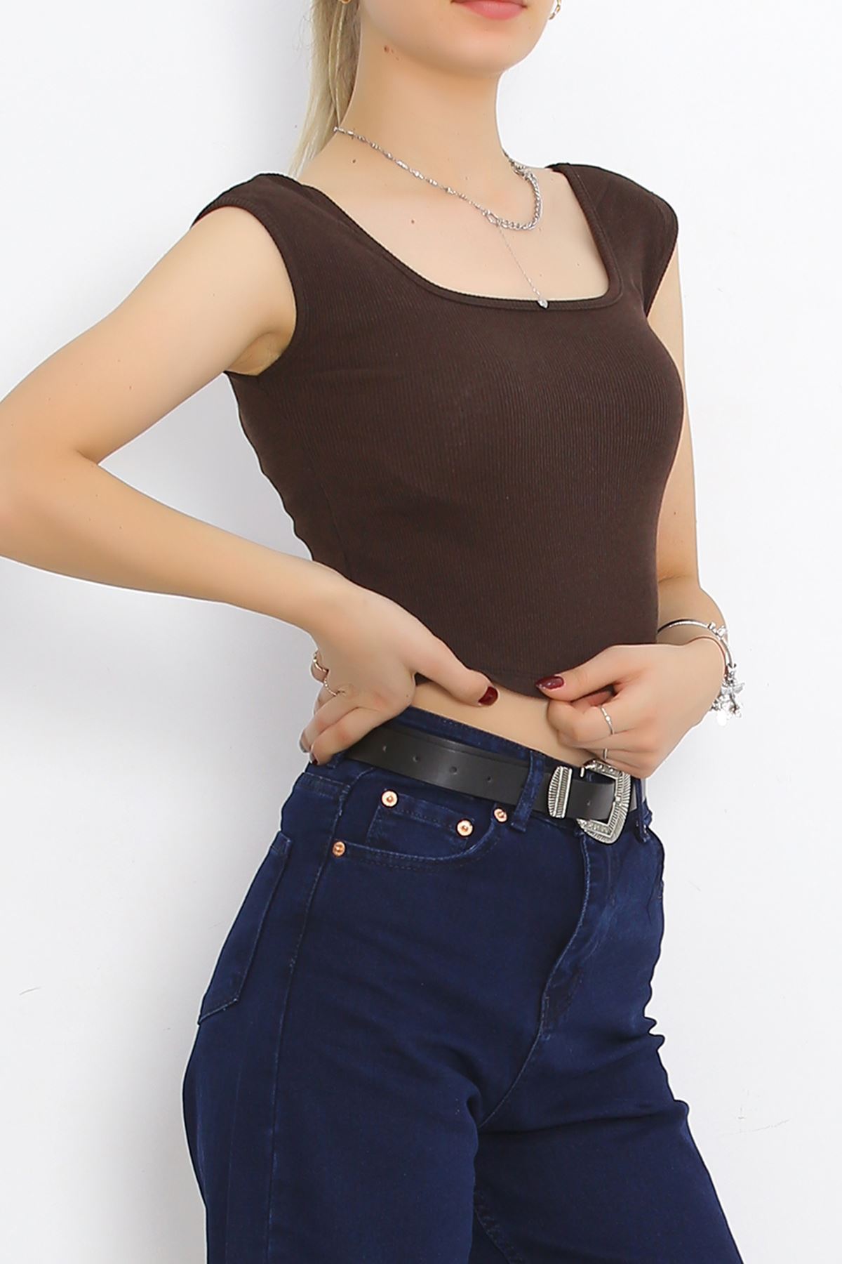 Thick Strap Crop Tank Top Light Brown