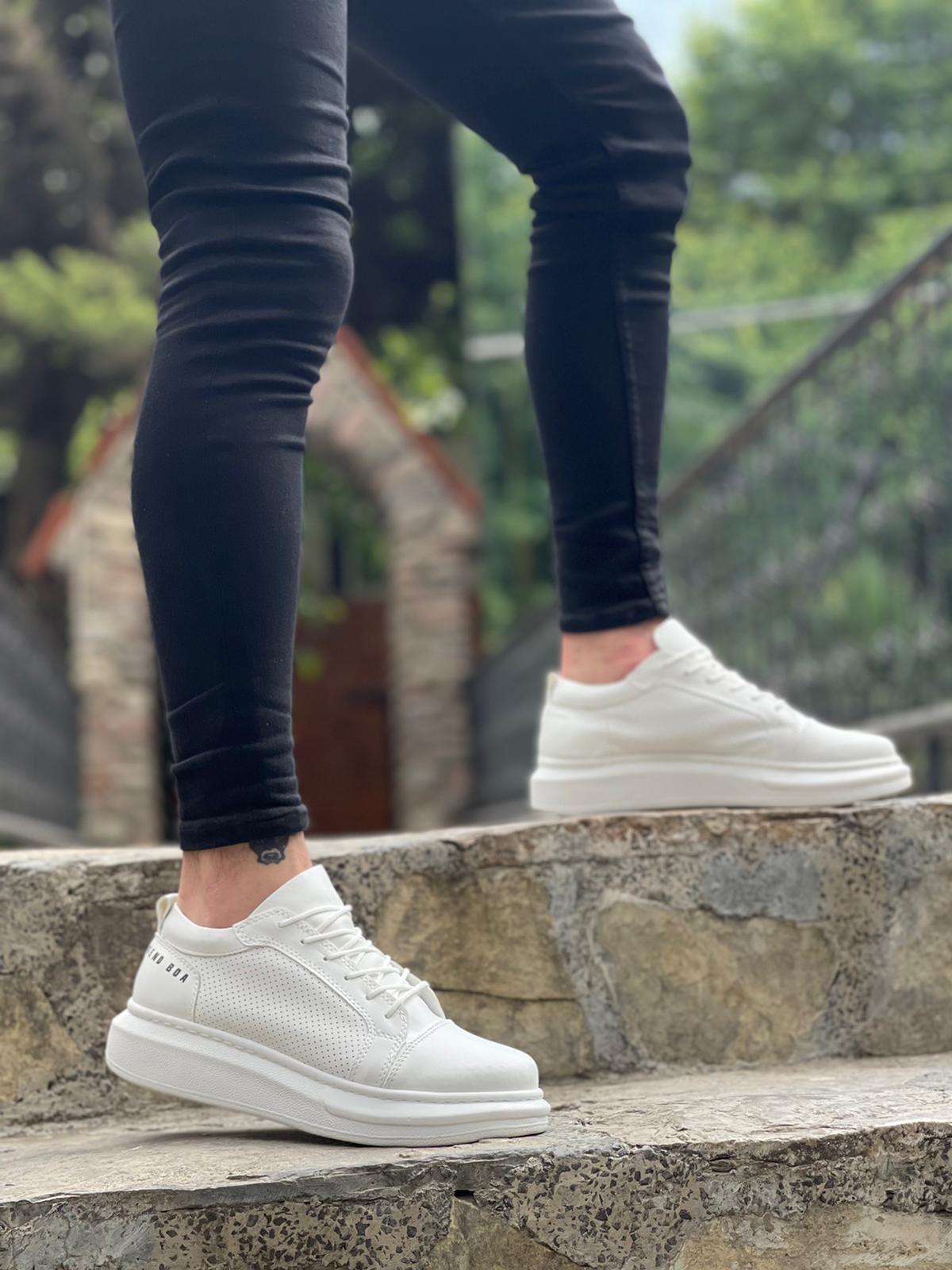 Thick High Sole White Lace-Up Sneakers For Men