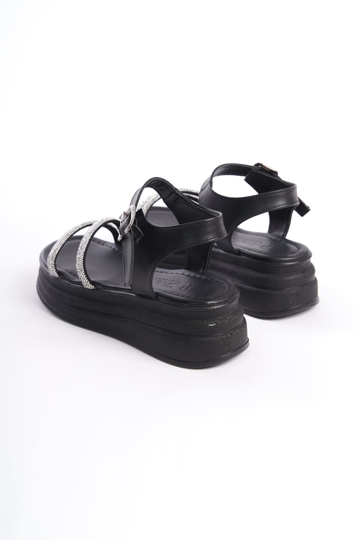 CLZ948 Thick Buckle Stone Stripe Orthopedic Sole Women's Sandals ST Black