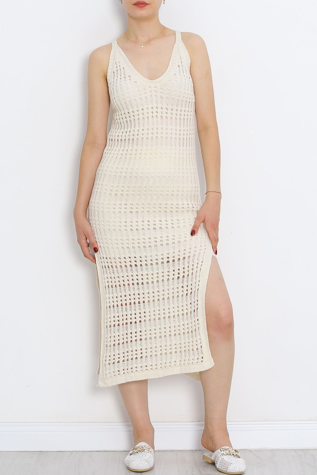 Knitwear Dress with Slits Beige