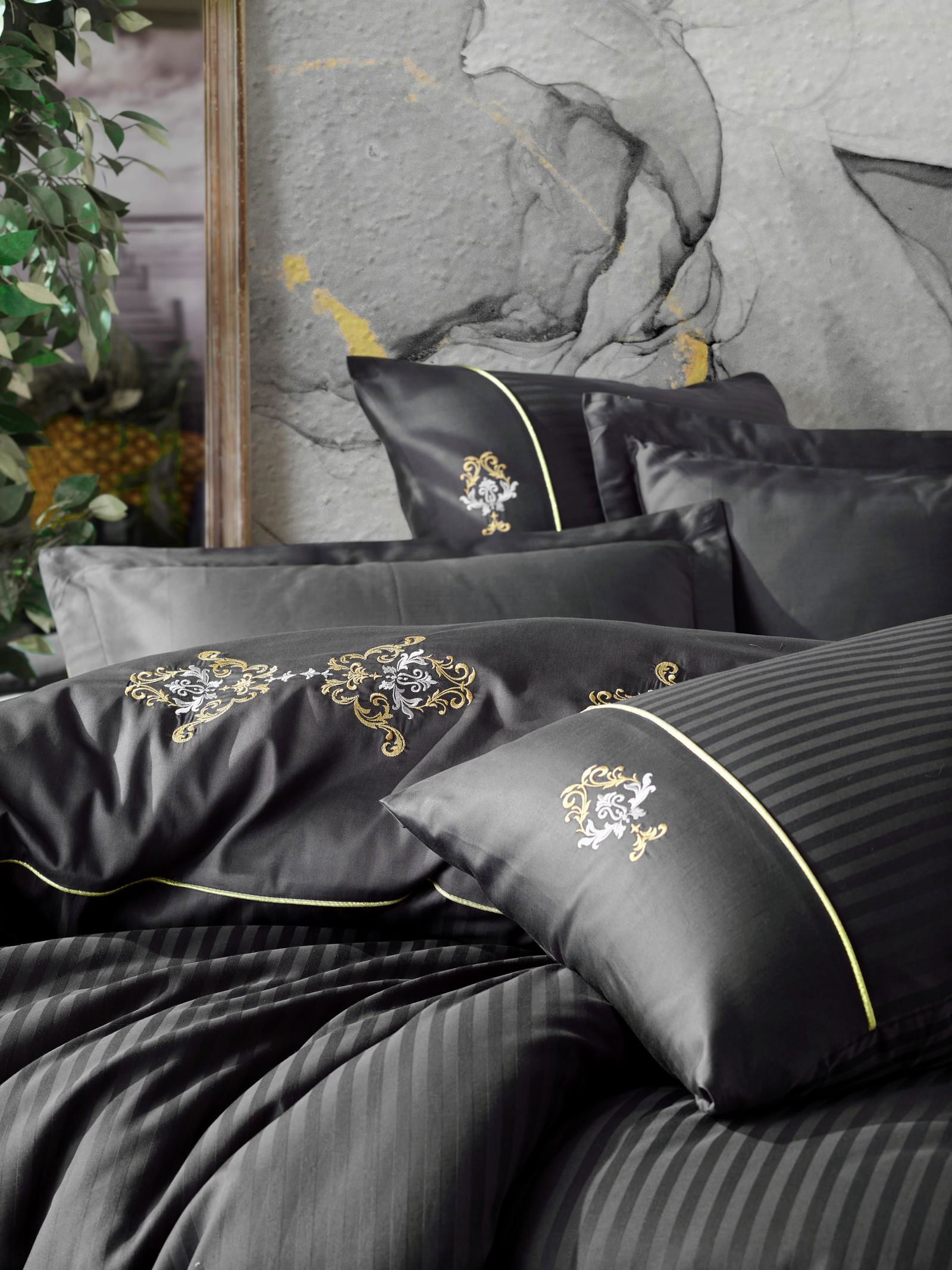 Embroidered Double Satin Duvet Cover King Anthracite