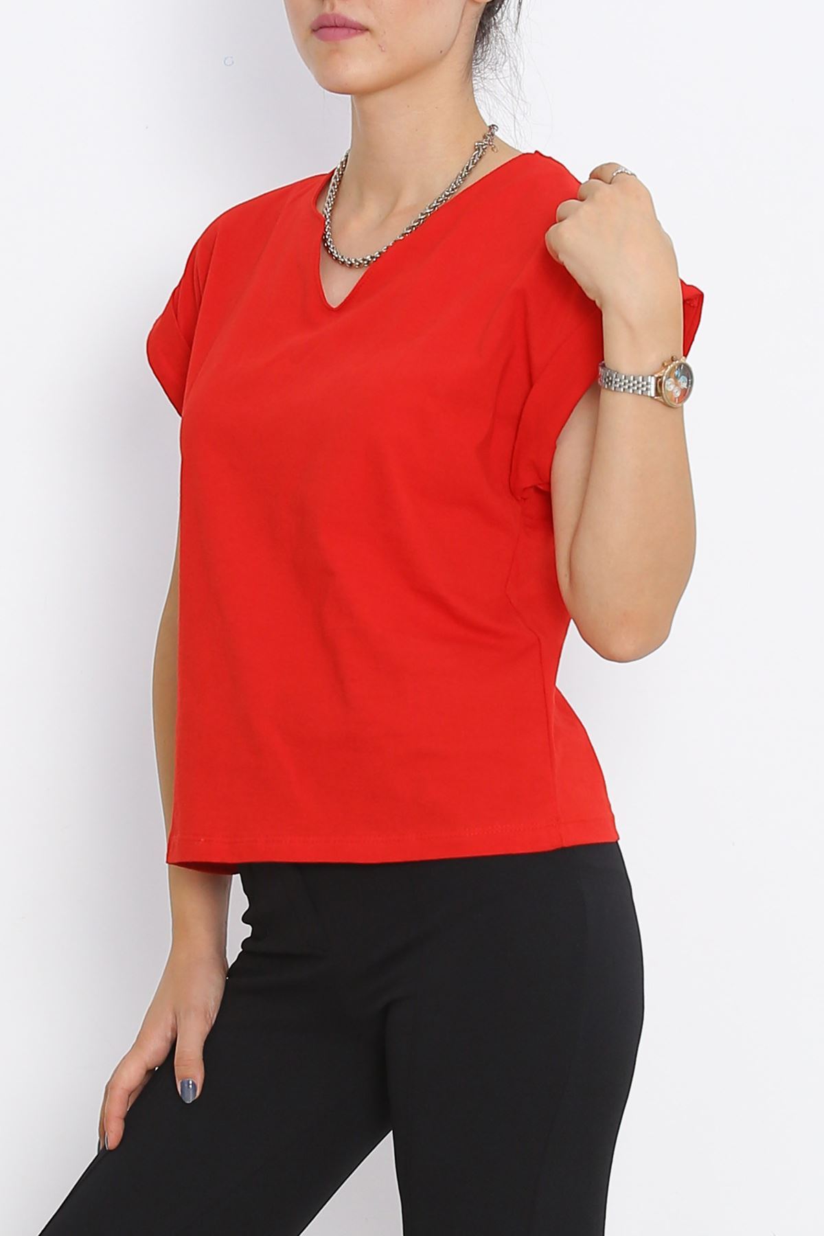 Pear Neck Double Sleeve T-Shirt Red