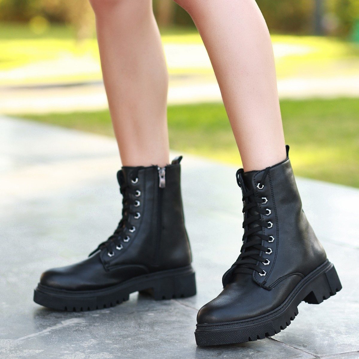 Black Skin Lace-up Boots