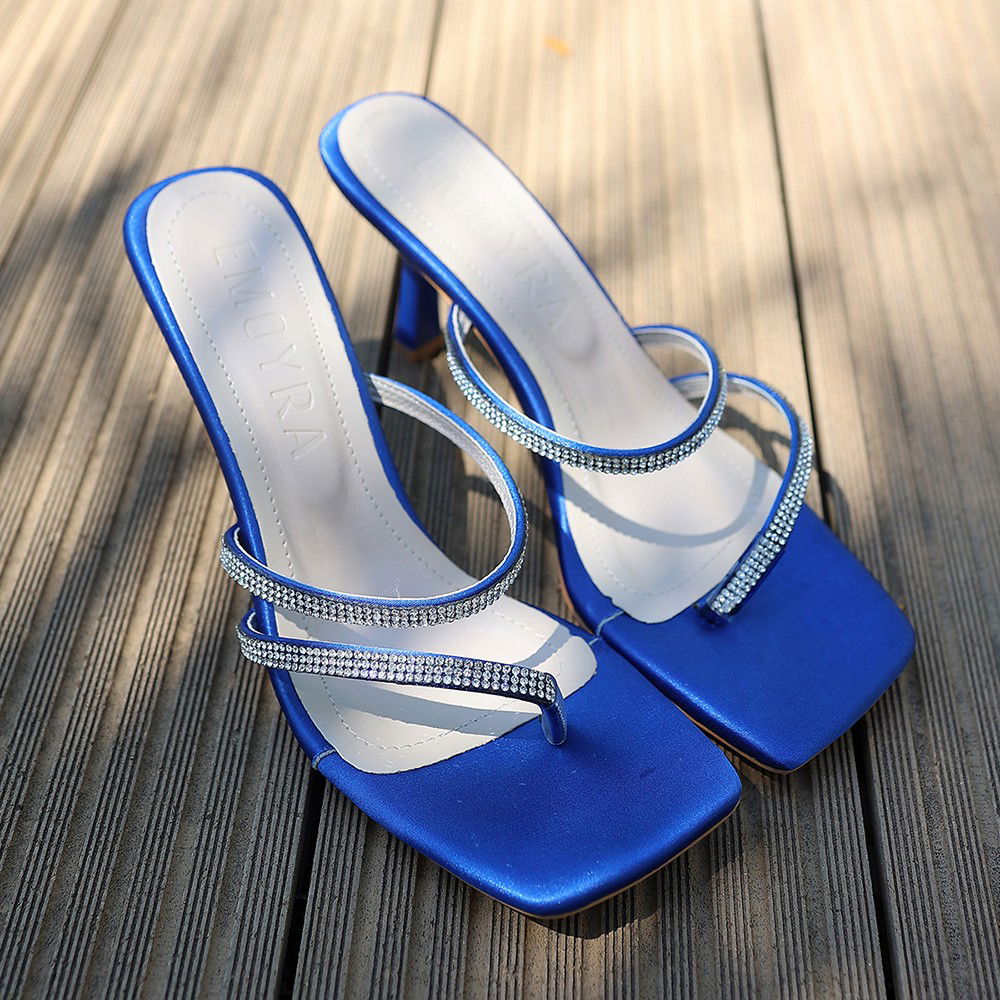 Blue Satin Heeled Slippers