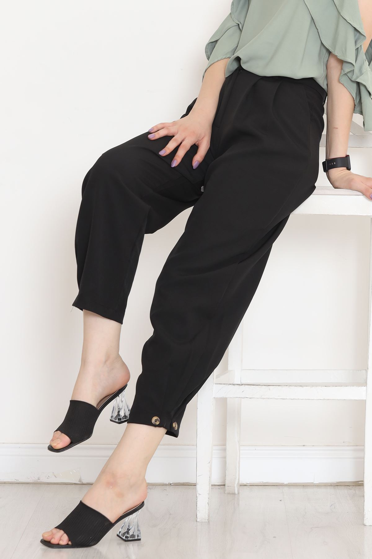 Trousers with Button Details Black