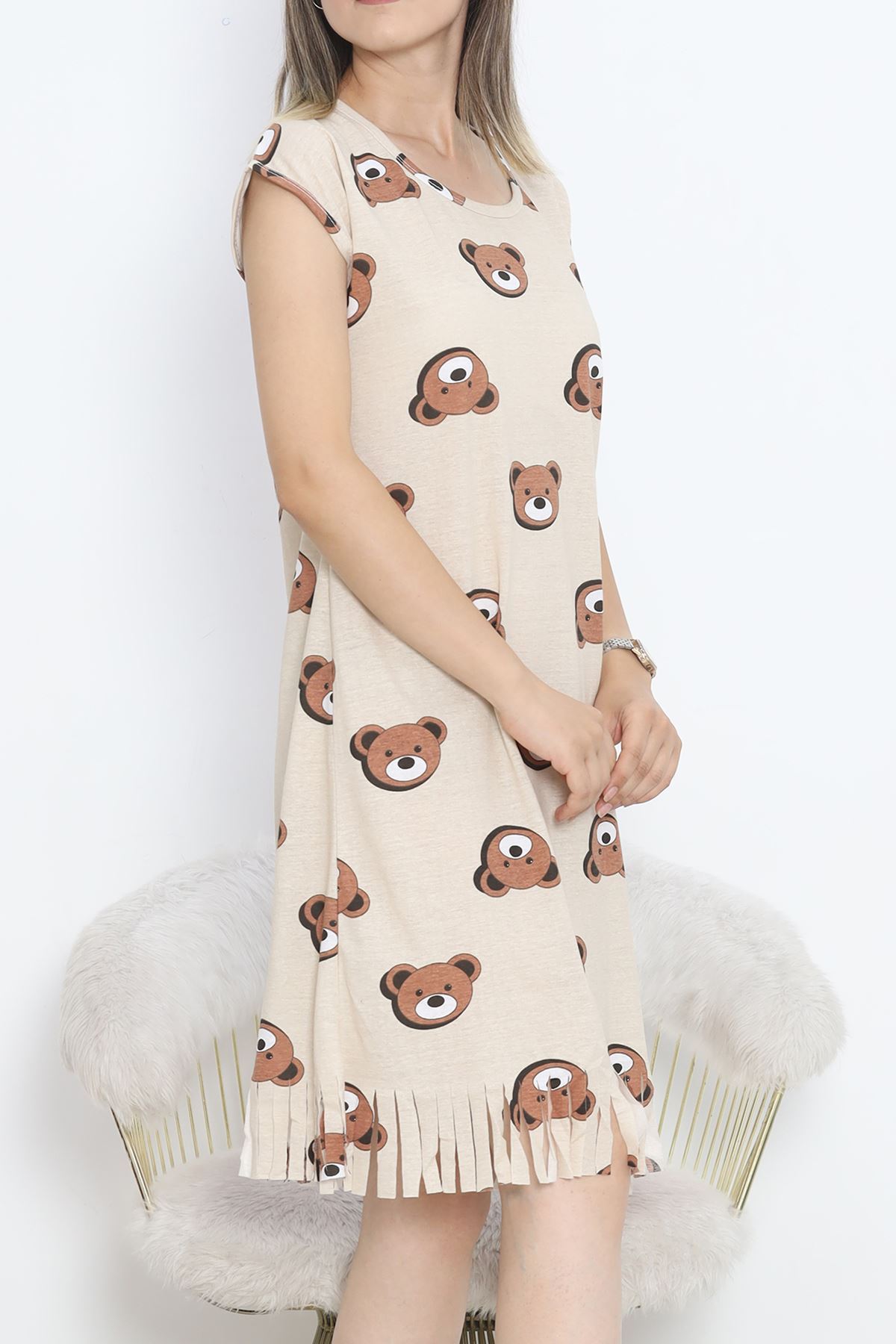 Printed Rotation Tasseled Dress Brownebeige