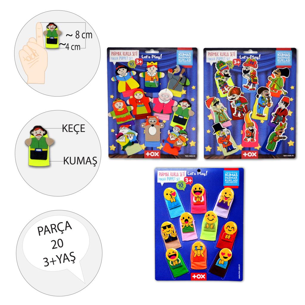 3 Set - 30 Pieces Fairy Tale Heroes, Karagöz Hacivat and Emojis Finger Puppet